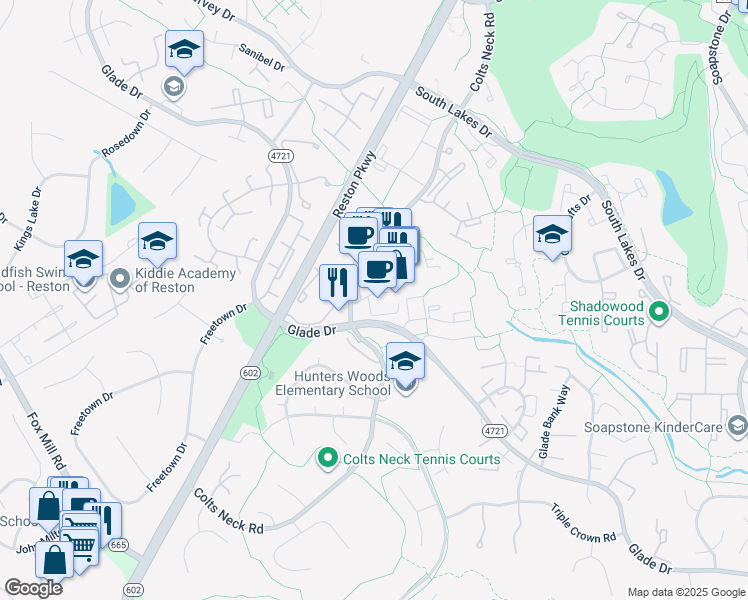map of restaurants, bars, coffee shops, grocery stores, and more near 2304 Hunters Woods Plaza in Reston