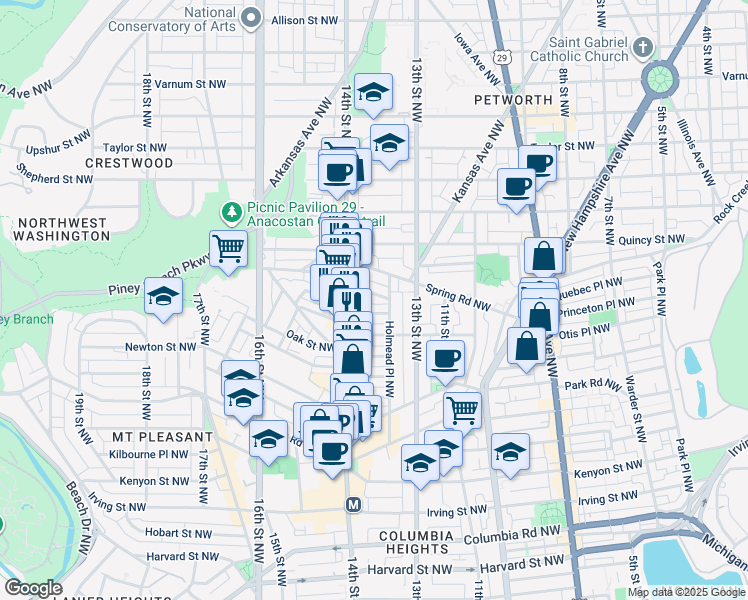 map of restaurants, bars, coffee shops, grocery stores, and more near 1352 Perry Place Northwest in Washington