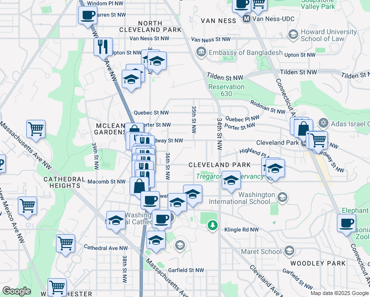 map of restaurants, bars, coffee shops, grocery stores, and more near 3503 Newark Street Northwest in Washington