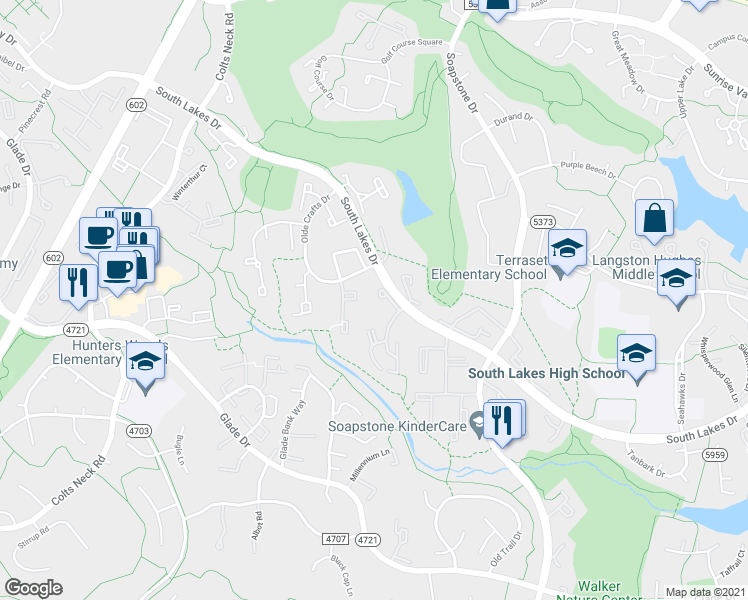 map of restaurants, bars, coffee shops, grocery stores, and more near 11741 Ledura Court in Reston