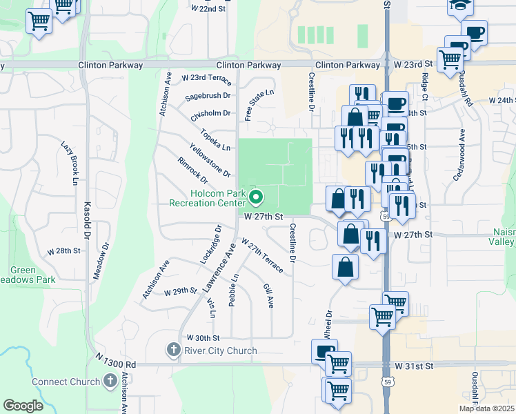 map of restaurants, bars, coffee shops, grocery stores, and more near 2600 West 27th Street in Lawrence