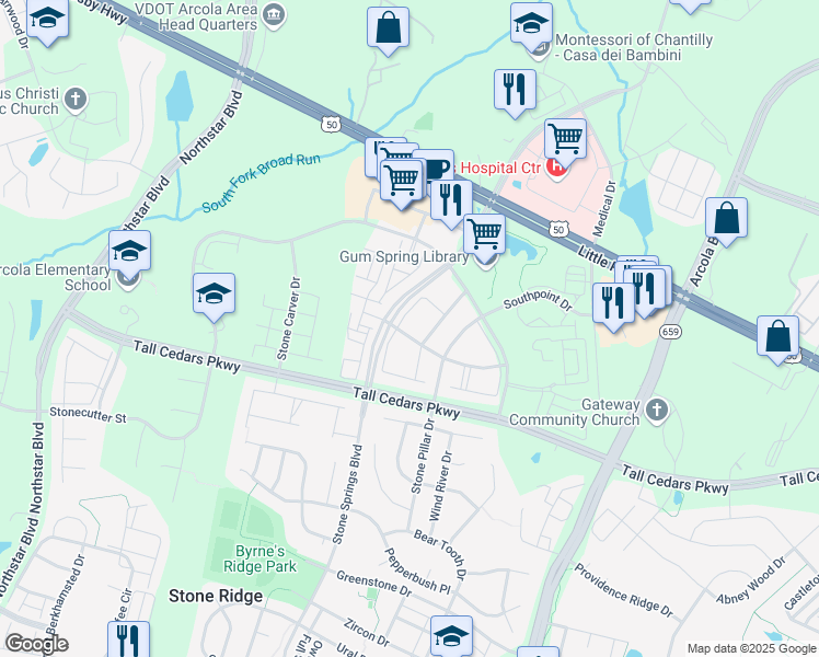 map of restaurants, bars, coffee shops, grocery stores, and more near 42062 Fremont Preserve Square in Aldie