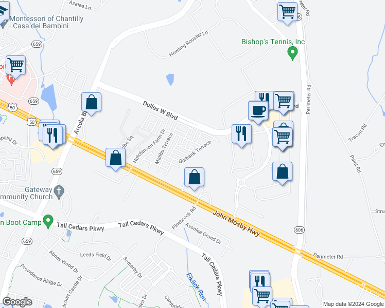map of restaurants, bars, coffee shops, grocery stores, and more near 42685 Burbank Terrace in Sterling