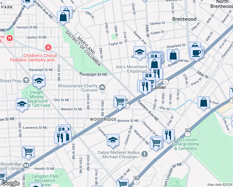 map of restaurants, bars, coffee shops, grocery stores, and more near 3724 30th Place Northeast in Washington