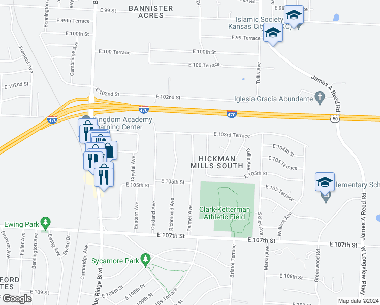 map of restaurants, bars, coffee shops, grocery stores, and more near 10320 Palmer Avenue in Kansas City