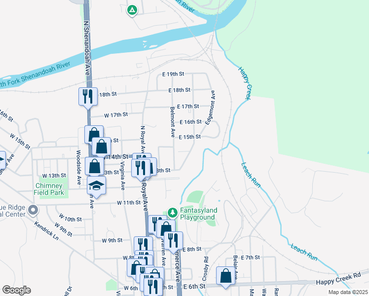 map of restaurants, bars, coffee shops, grocery stores, and more near 116 East 14th Street in Front Royal