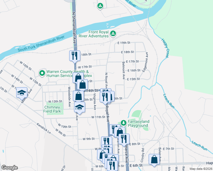 map of restaurants, bars, coffee shops, grocery stores, and more near 3 West 14th Street in Front Royal