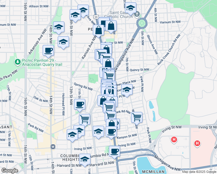 map of restaurants, bars, coffee shops, grocery stores, and more near Georgia Ave NW & Quebec Pl NW in Washington