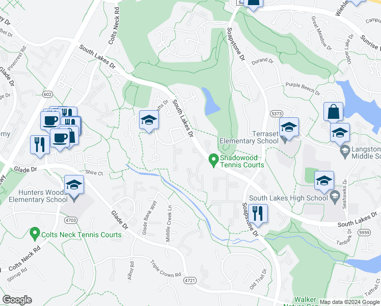 map of restaurants, bars, coffee shops, grocery stores, and more near 11741 Ledura Court in Reston
