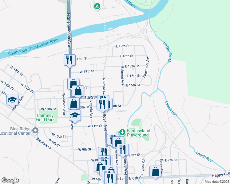 map of restaurants, bars, coffee shops, grocery stores, and more near 1343 Warren Avenue in Front Royal