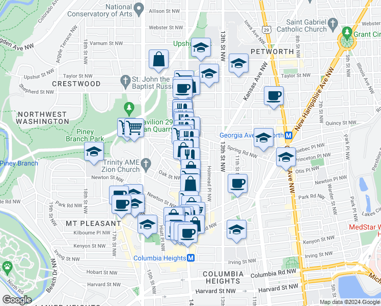 map of restaurants, bars, coffee shops, grocery stores, and more near 3529 14th Street Northwest in Washington