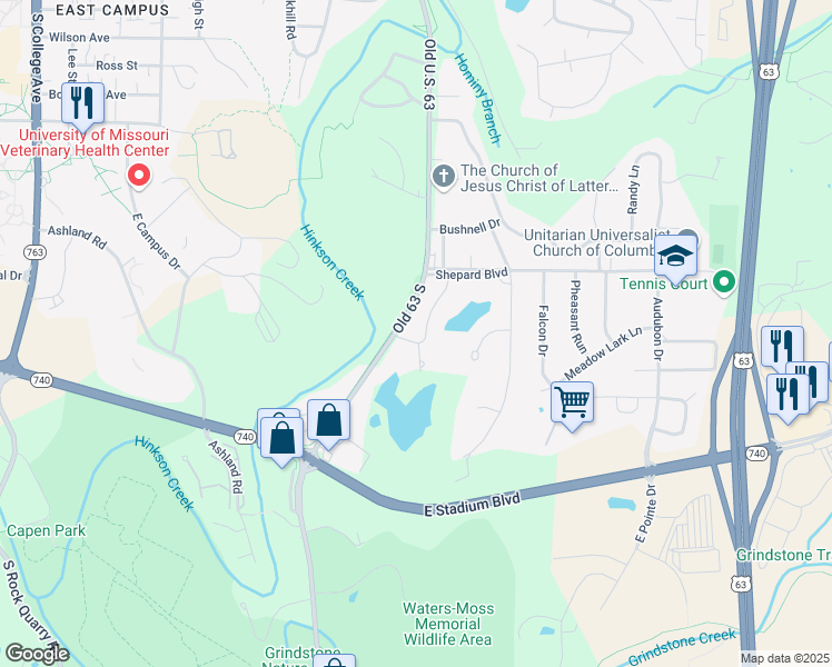 map of restaurants, bars, coffee shops, grocery stores, and more near 1021 Queen Ann Drive in Columbia