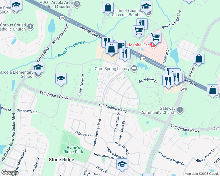 map of restaurants, bars, coffee shops, grocery stores, and more near Siltstone Square in Aldie