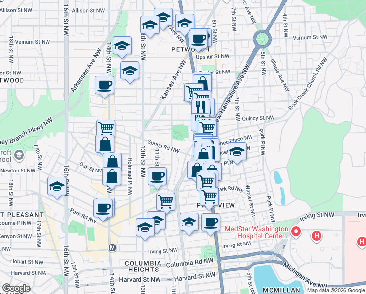 map of restaurants, bars, coffee shops, grocery stores, and more near 915 Spring Road Northwest in Washington