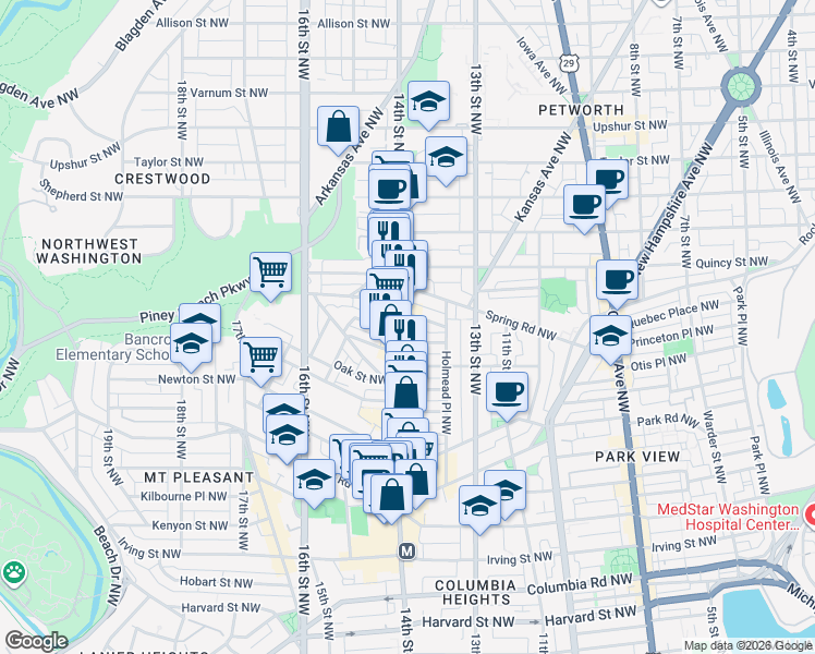 map of restaurants, bars, coffee shops, grocery stores, and more near 3529 14th Street Northwest in Washington