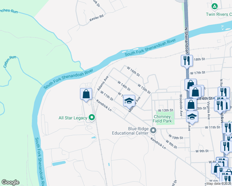 map of restaurants, bars, coffee shops, grocery stores, and more near 804 West 13th Street in Front Royal