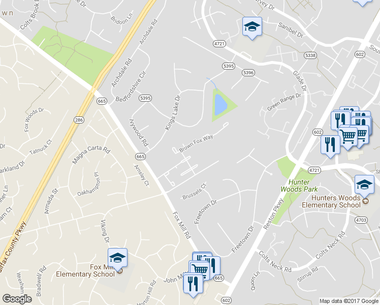 map of restaurants, bars, coffee shops, grocery stores, and more near 12492 Fox View Way in Reston