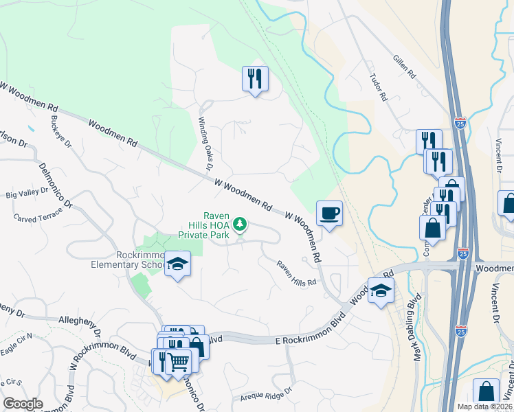 map of restaurants, bars, coffee shops, grocery stores, and more near 40 Raven Hills Court in Colorado Springs