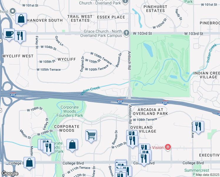 map of restaurants, bars, coffee shops, grocery stores, and more near 8805 West 106th Terrace in Overland Park