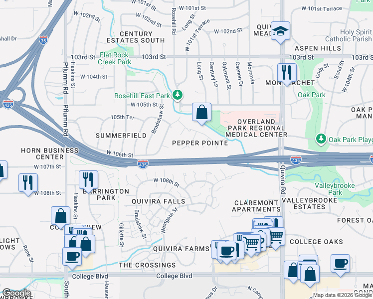 map of restaurants, bars, coffee shops, grocery stores, and more near 10593 Long Street in Lenexa