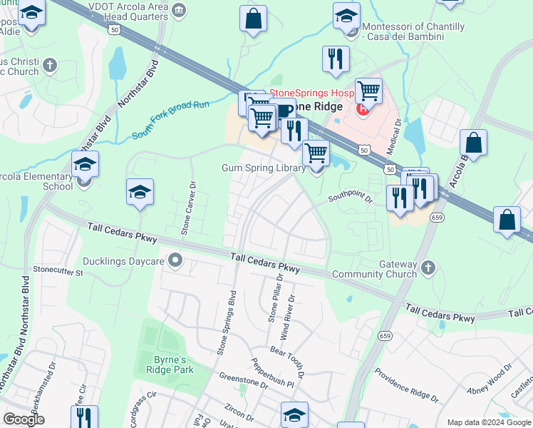 map of restaurants, bars, coffee shops, grocery stores, and more near 42060 Fremont Preserve Square in Aldie