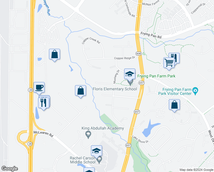 map of restaurants, bars, coffee shops, grocery stores, and more near 13605 Mountain View Court in Herndon