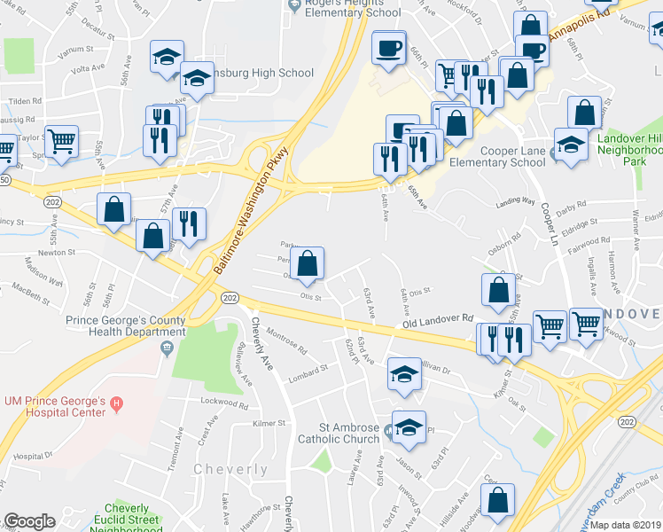 map of restaurants, bars, coffee shops, grocery stores, and more near 3607 62nd Avenue in Greater Landover