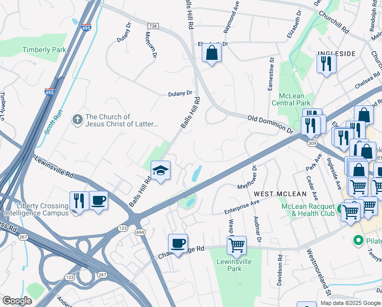 map of restaurants, bars, coffee shops, grocery stores, and more near 7141 Merrimac Drive in McLean
