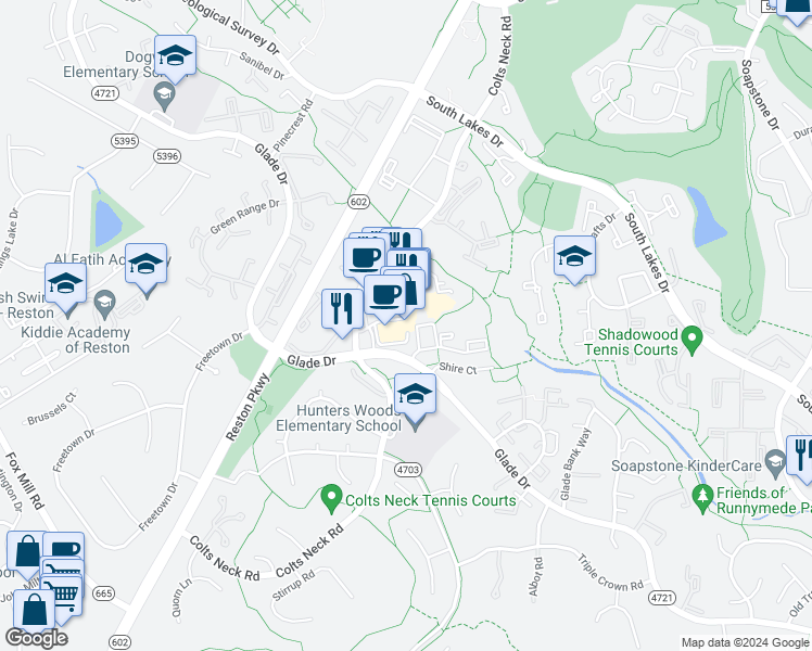 map of restaurants, bars, coffee shops, grocery stores, and more near 2312 Hunters Woods Plaza in Reston