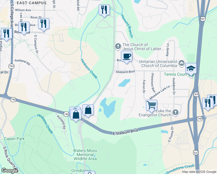 map of restaurants, bars, coffee shops, grocery stores, and more near 1021 Queen Ann Drive in Columbia