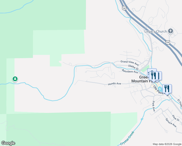 map of restaurants, bars, coffee shops, grocery stores, and more near 11155 Falls Avenue in Green Mountain Falls