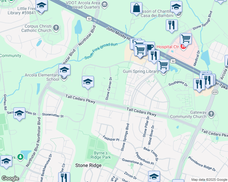 map of restaurants, bars, coffee shops, grocery stores, and more near 24641 Greysteel Square in Aldie