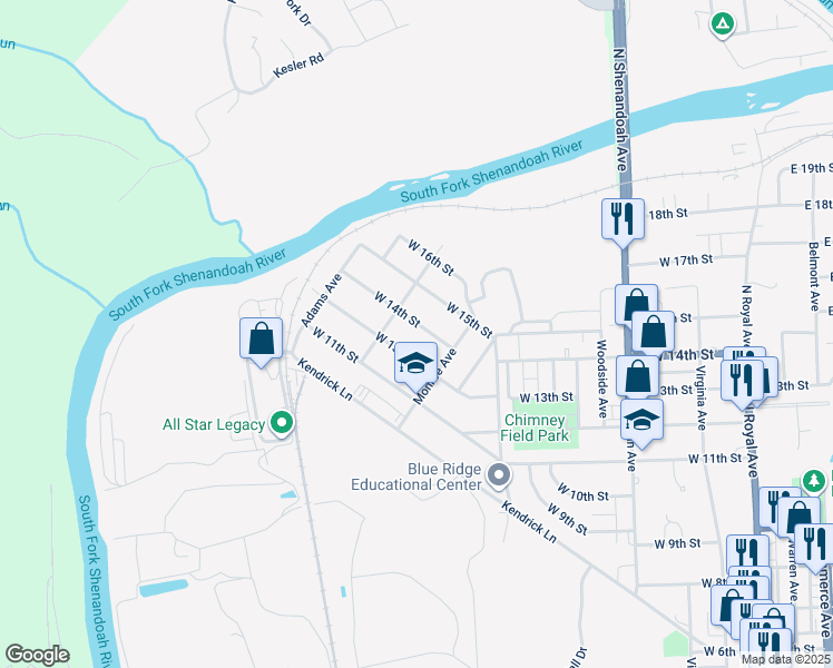 map of restaurants, bars, coffee shops, grocery stores, and more near 732 West 14th Street in Front Royal