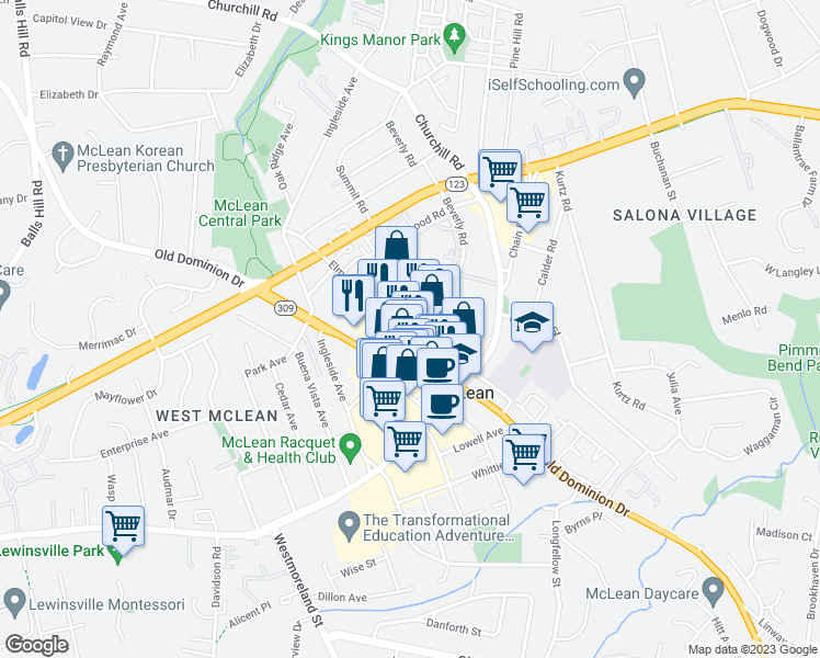 map of restaurants, bars, coffee shops, grocery stores, and more near 6830 Elm Street in McLean