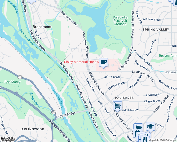 map of restaurants, bars, coffee shops, grocery stores, and more near 5900 MacArthur Boulevard Northwest in Washington
