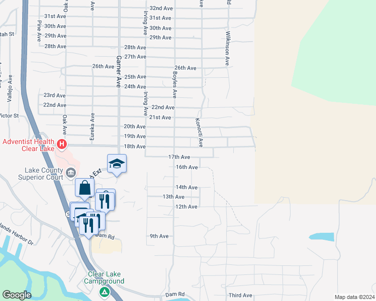 map of restaurants, bars, coffee shops, grocery stores, and more near 16183 18th Avenue in Clearlake