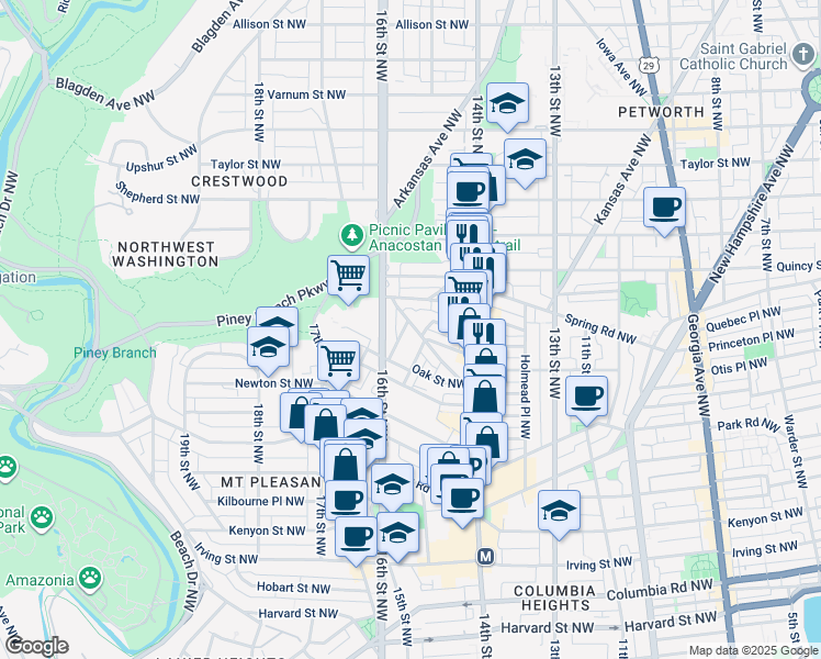 map of restaurants, bars, coffee shops, grocery stores, and more near 3551 Hertford Place Northwest in Washington