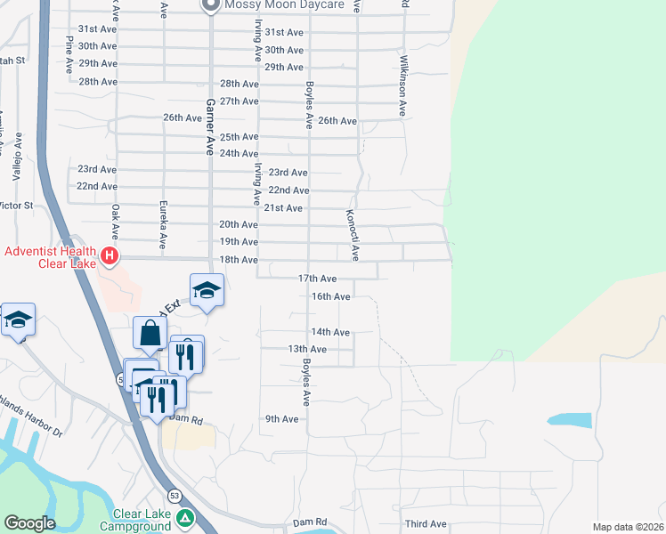 map of restaurants, bars, coffee shops, grocery stores, and more near 16158 17th Avenue in Clearlake