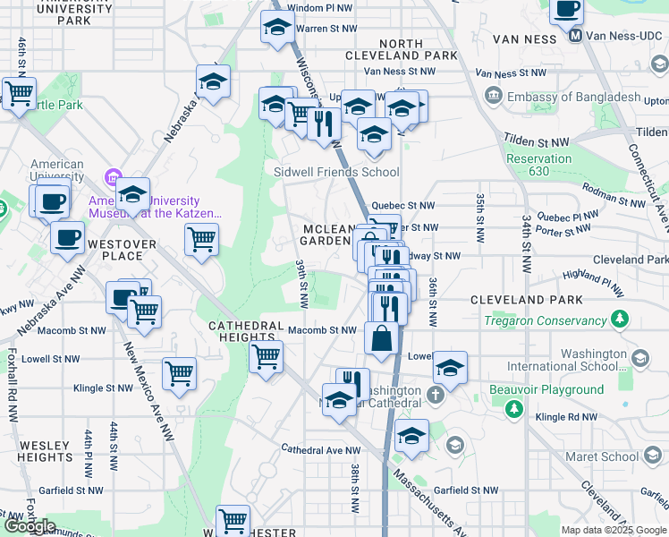 map of restaurants, bars, coffee shops, grocery stores, and more near 3841 Newark Street Northwest in Washington