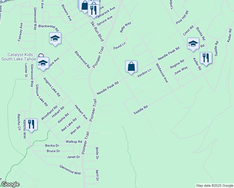 map of restaurants, bars, coffee shops, grocery stores, and more near 1410 Ski Run Boulevard in South Lake Tahoe