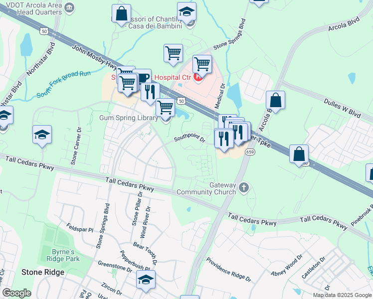 map of restaurants, bars, coffee shops, grocery stores, and more near 42211 Canary Grass Square in Aldie