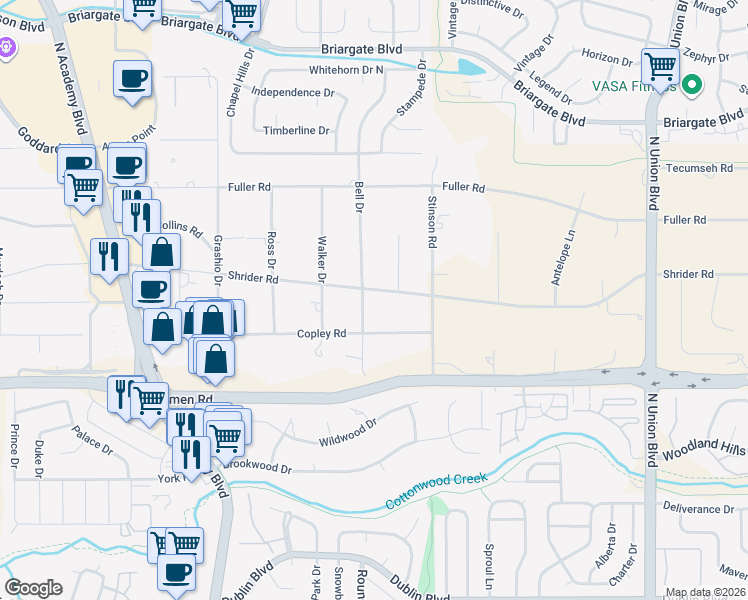 map of restaurants, bars, coffee shops, grocery stores, and more near 7189 Bell Drive in Colorado Springs