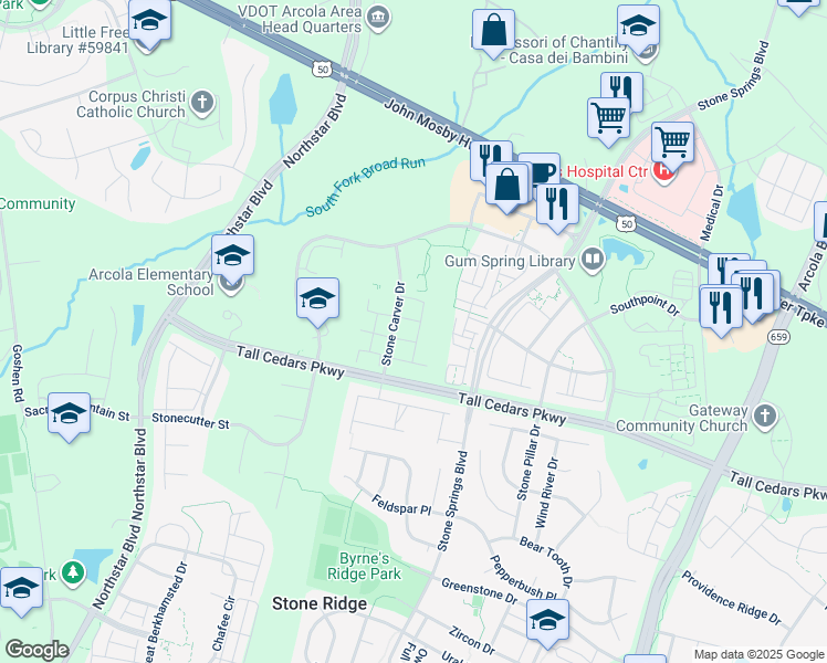 map of restaurants, bars, coffee shops, grocery stores, and more near 24641 Greysteel Square in Aldie