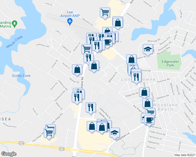 map of restaurants, bars, coffee shops, grocery stores, and more near 215 Braxton Way in Edgewater