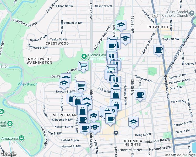 map of restaurants, bars, coffee shops, grocery stores, and more near 3551 Hertford Place Northwest in Washington