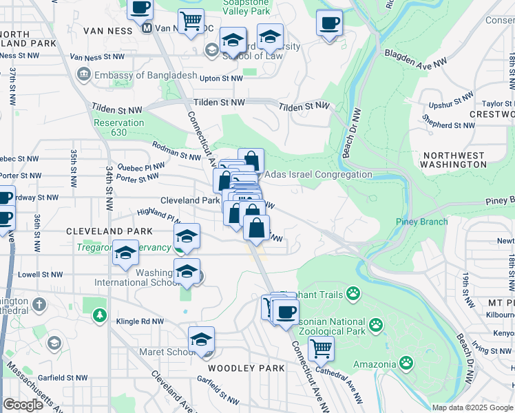 map of restaurants, bars, coffee shops, grocery stores, and more near 2740 Porter Street Northwest in Washington