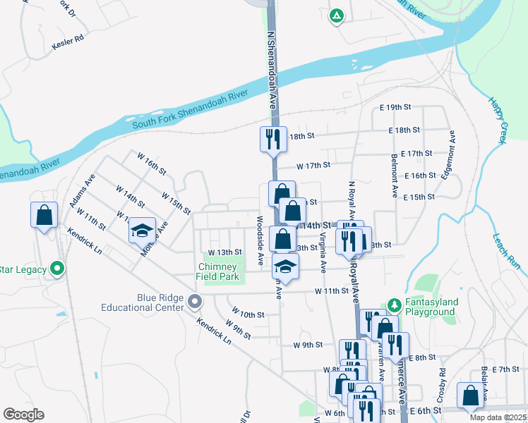 map of restaurants, bars, coffee shops, grocery stores, and more near 1416 North Shenandoah Avenue in Front Royal