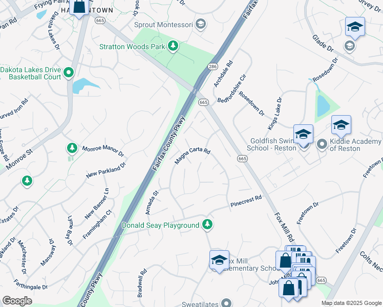 map of restaurants, bars, coffee shops, grocery stores, and more near 12651 Magna Carta Road in Herndon