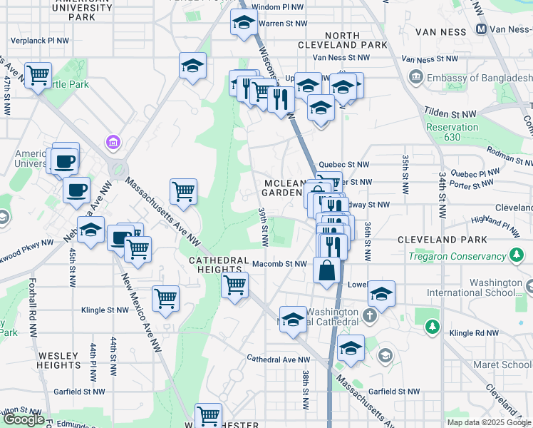 map of restaurants, bars, coffee shops, grocery stores, and more near 3891 Newark Street Northwest in Washington