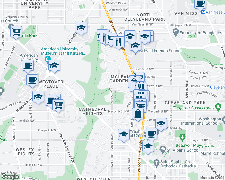 map of restaurants, bars, coffee shops, grocery stores, and more near 3891 Newark Street Northwest in Washington